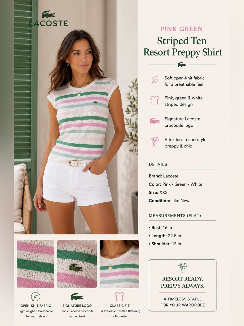 Lacoste Women’s Top Size L Pink Green Striped TennisGolf Resort Preppy Shirt